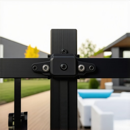 Close-up of a post level tool on a black deck railing post