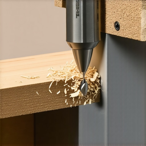 Close-up of a metal drill guide tool on a gray composite railing post.