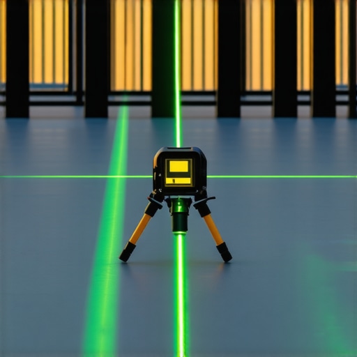 Professional rotary laser level projecting a green line across deck railing posts for perfect leveling.