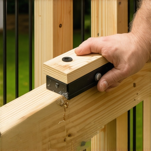 A contractor demonstrates the proper way to space railing balusters using a wooden jig for consistent gaps.