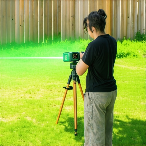 Contractor using a rotary laser level to ensure perfectly level pergola posts in a backyard