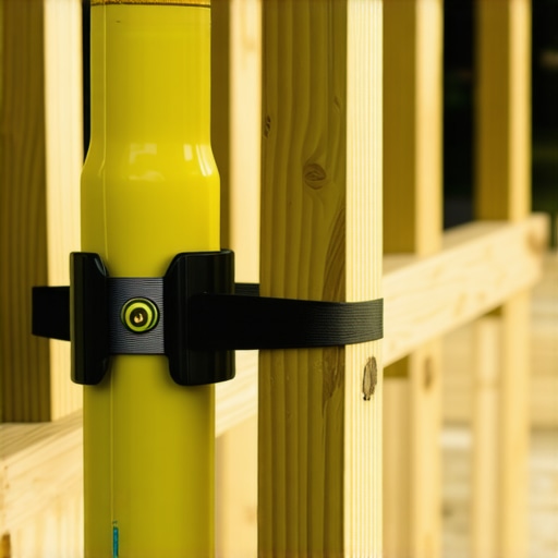 Close up of a yellow post level attached to a wooden 4x4 post on a deck frame.