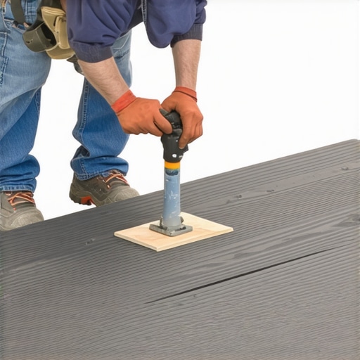 Professional contractor using a depth-stop jig on a composite deck board for consistent fastener depth.