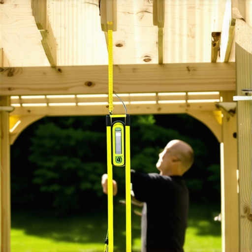 A builder using a string line level to calculate pergola post heights on uneven ground.