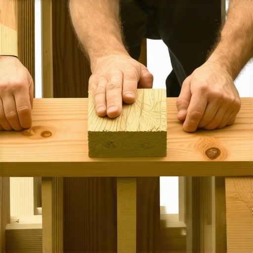 A physical scrap wood spacer being used to ensure uniform gaps between pergola slats.