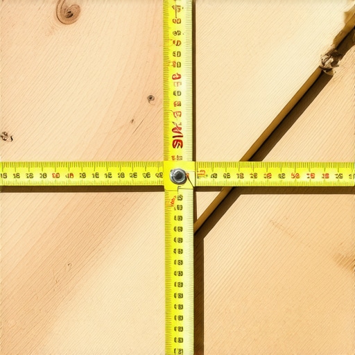 A contractor using a tape measure to perform a 3-4-5 triangle calculation on a new deck's joists.