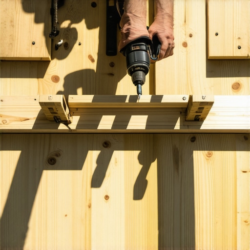 Builder placing a cedar slat using physical wooden blocks for consistent spacing on a pergola frame.