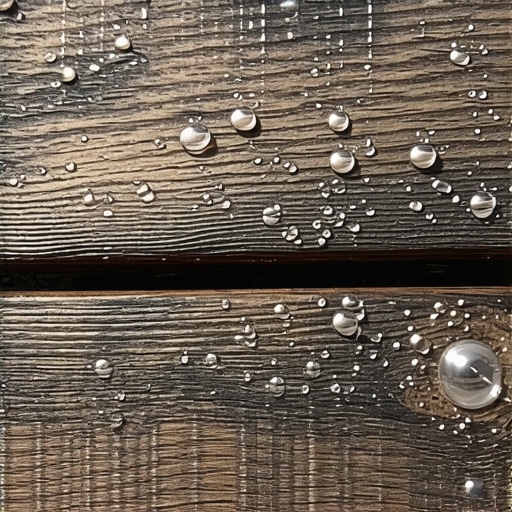 A detailed shot of water droplets forming beads on top of a waterproofed wood deck surface.